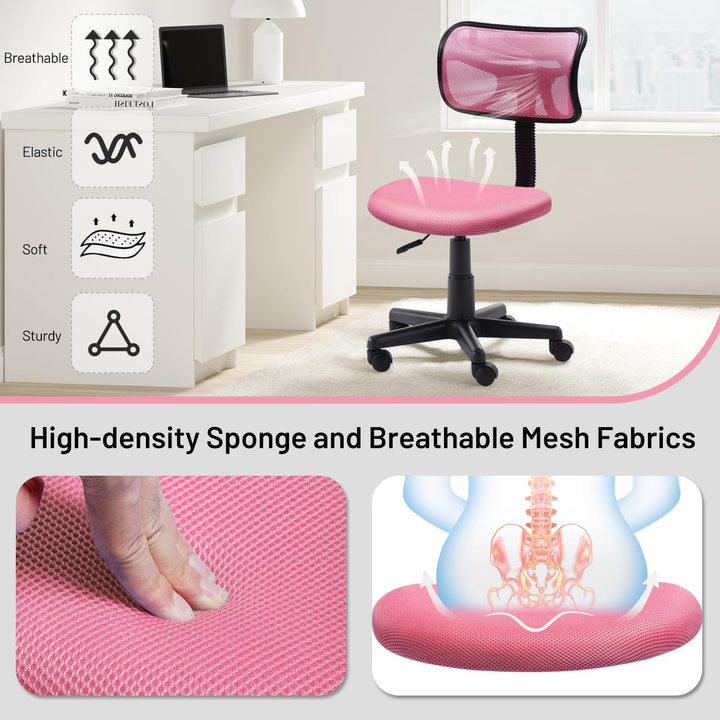 Chaise de bureau FurnituureR à dossier bas, chaise de travail ergonomique sans accoudoirs en maille, pivotante et réglable en hauteur, idéale pour le bureau à domicile ou la chambre, rose.