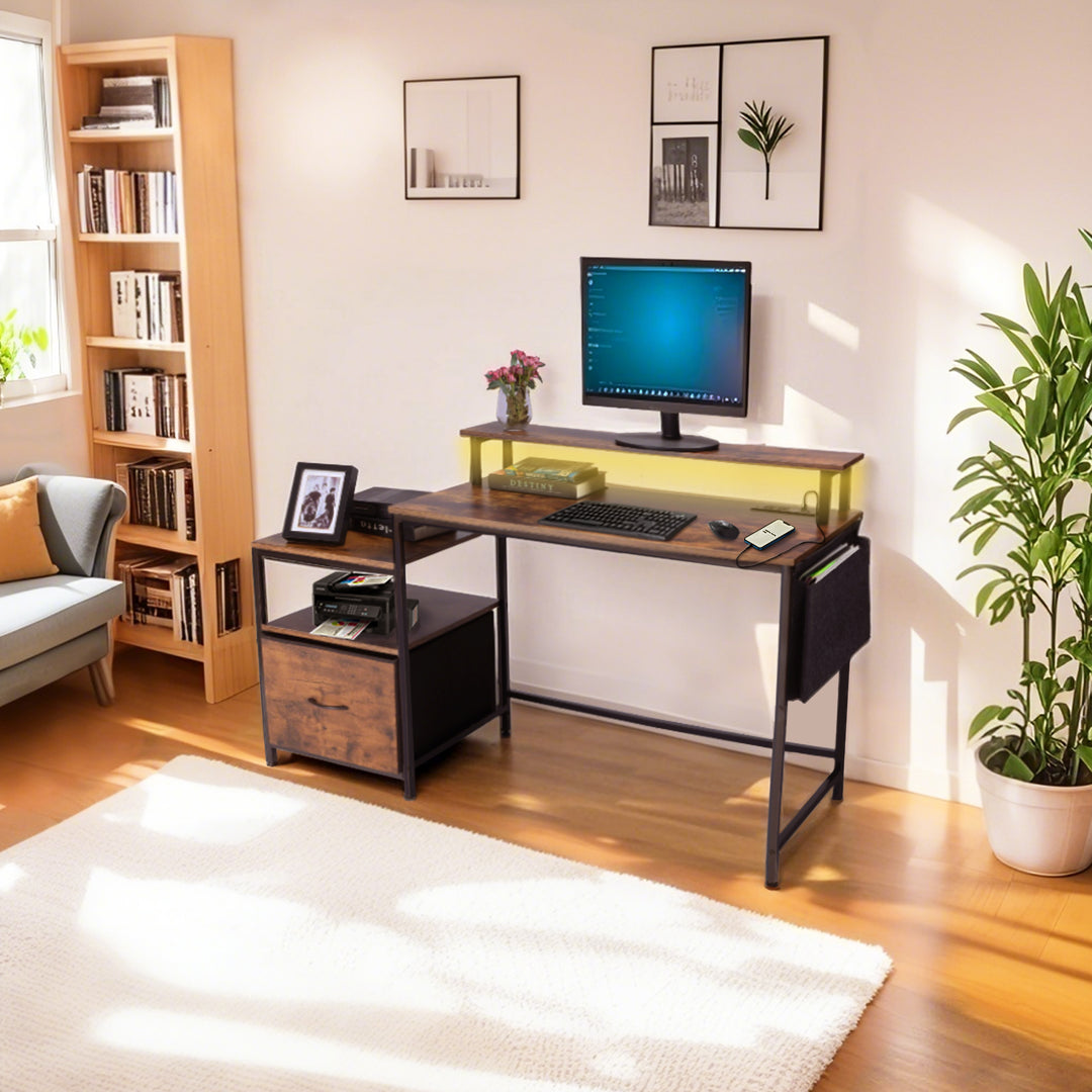 FurnitureR Computertisch, Monitorständer, Schublade, Seitenablage &amp; Stofftasche, 100 cm (39,4 Zoll) breiter Schreibtisch fürs Homeoffice, rustikales Braun