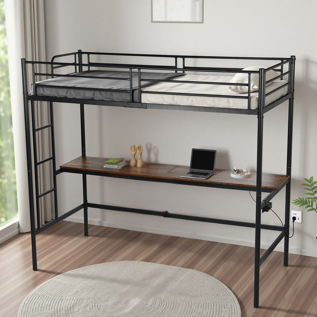FurnitureR Loft Bed with Desk, Twin Size Metal Loft Bed Frame with Workstation & Ladder, High Loft Bunk Bed with Guardrails, Industrial Black/Brown