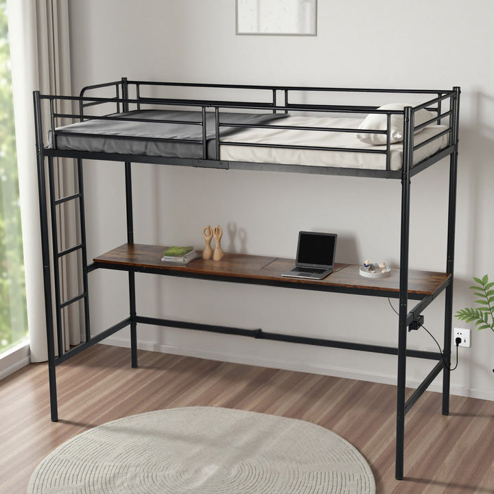 FurnitureR Loft Bed with Desk, Twin Size Metal Loft Bed Frame with Workstation & Ladder, High Loft Bunk Bed with Guardrails, Industrial Black/Brown