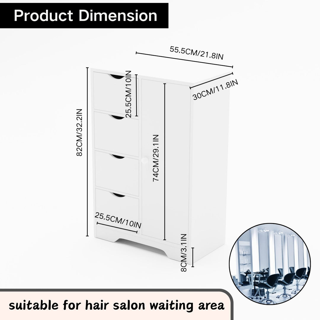 Meuble de rangement FurnitureR avec 4 tiroirs et porte latérale, unité de rangement moderne en bois avec étagères réglables, hauteur 82 cm (32,28 pouces), blanc