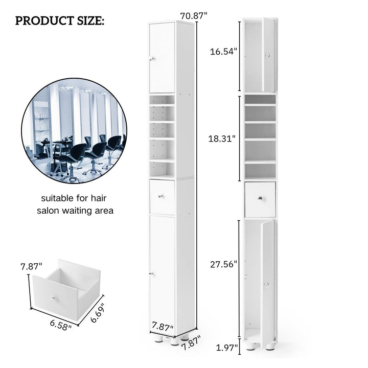 FurnitureR Hoher Aufbewahrungsschrank, 180 cm schmaler Wäscheschrank mit Schublade und Regalböden, freistehender Organizer für Badezimmer, Wohnzimmer, Waschküche 