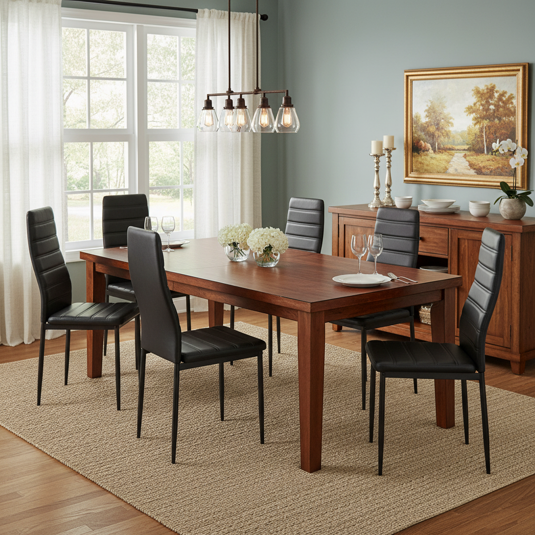 FurnitureR Esszimmerstühle, 6er-Set, PU-Leder, armlose Stühle mit hoher Rückenlehne und Metallgestell, ergonomisch für Küche, Esszimmer und Homeoffice, Schwarz