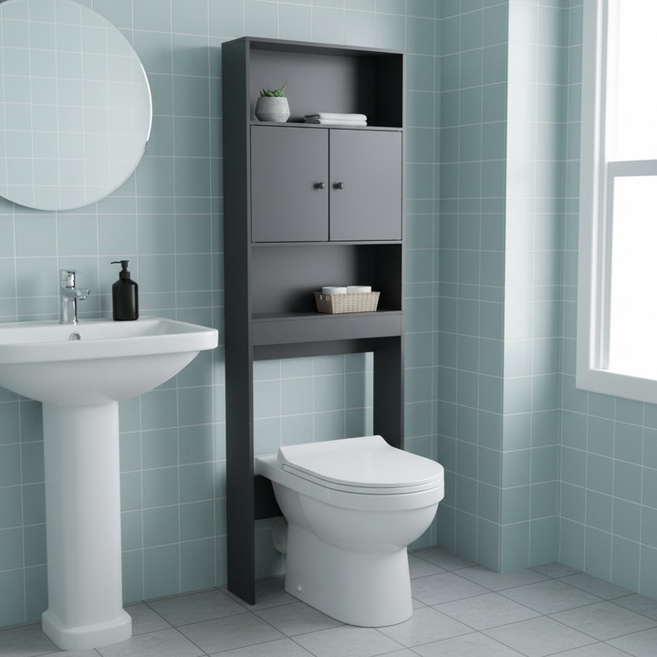 Meuble de rangement FurnitureR à poser au-dessus des toilettes, étagère de salle de bain à 3 niveaux avec double porte et espace de rangement ouvert, étagère autoportante, hauteur 194 cm (76,38 po).