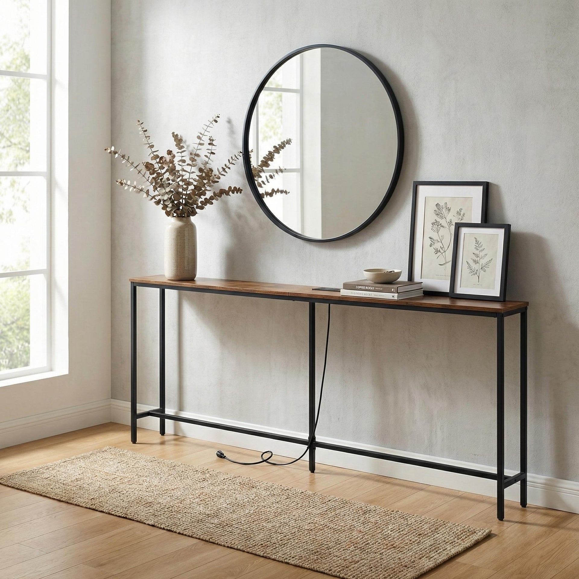 Console étroite FurnitureR, 180 cm (70,8 pouces), idéale derrière un canapé, avec station de charge, ports USB et prise électrique, marron.