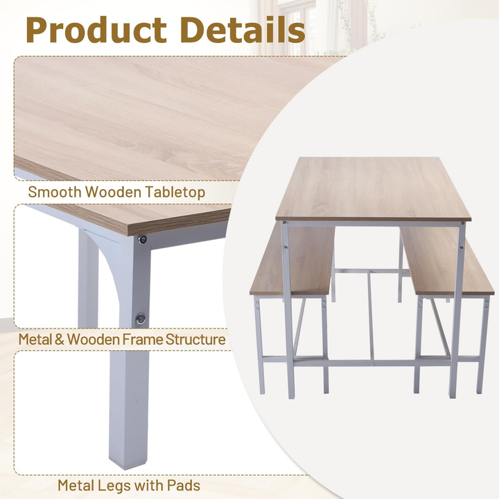 FurnitureR Essgruppe für 4 Personen, 3-teiliges Esszimmer-Set mit Metallgestell und MDF-Platte, 110 cm (43,3 Zoll) Küchen-Essgruppe für Küche und Esszimmer, Eiche