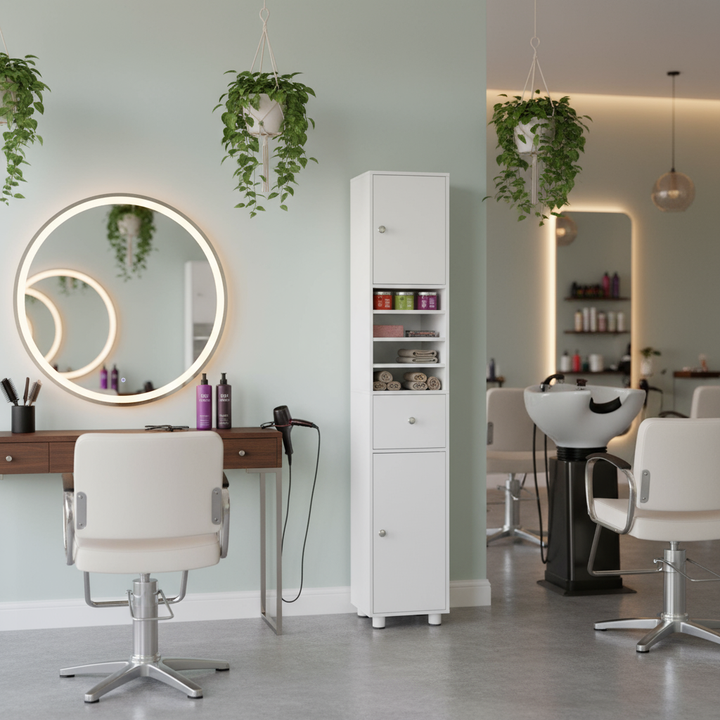 FurnitureR Hoher Aufbewahrungsschrank, 180 cm schmaler Wäscheschrank mit Schublade und Regalböden, freistehender Organizer für Badezimmer, Wohnzimmer, Waschküche 