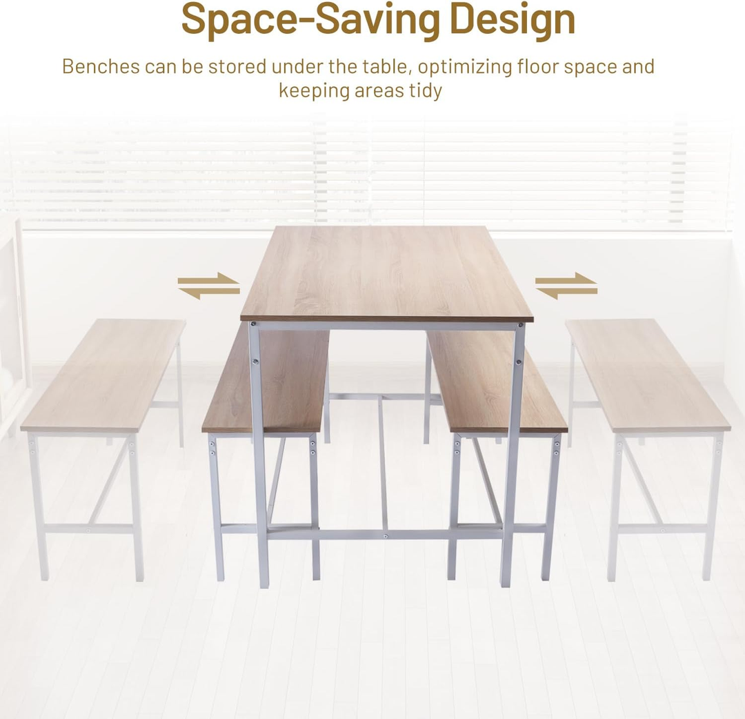 FurnitureR Essgruppe für 4 Personen, 3-teiliges Esszimmer-Set mit Metallgestell und MDF-Platte, 110 cm (43,3 Zoll) Küchen-Essgruppe für Küche und Esszimmer, Eiche