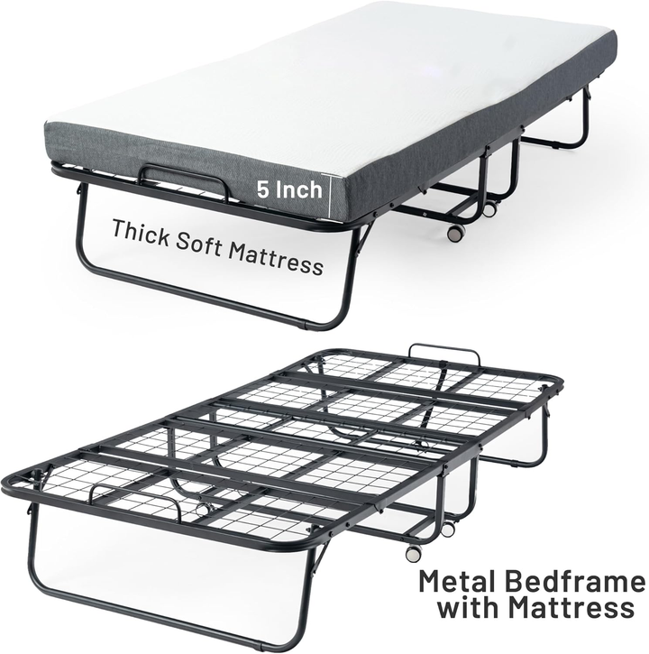 FurnitureR Klappbett mit 12,7 cm dicker Memory-Schaum-Matratze – 190 x 76 cm schmales Einzelbettgestell mit Rollen, zusammenklappbar, robuste Metallkonstruktion