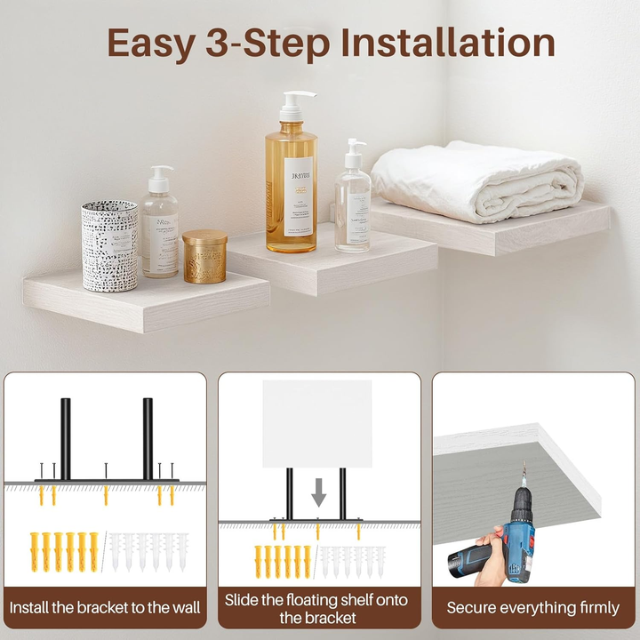 Ensemble de 3 étagères murales carrées flottantes FurnitureR, style rustique, en bois, blanches, pour salle de bain, chambre, salon et cuisine.