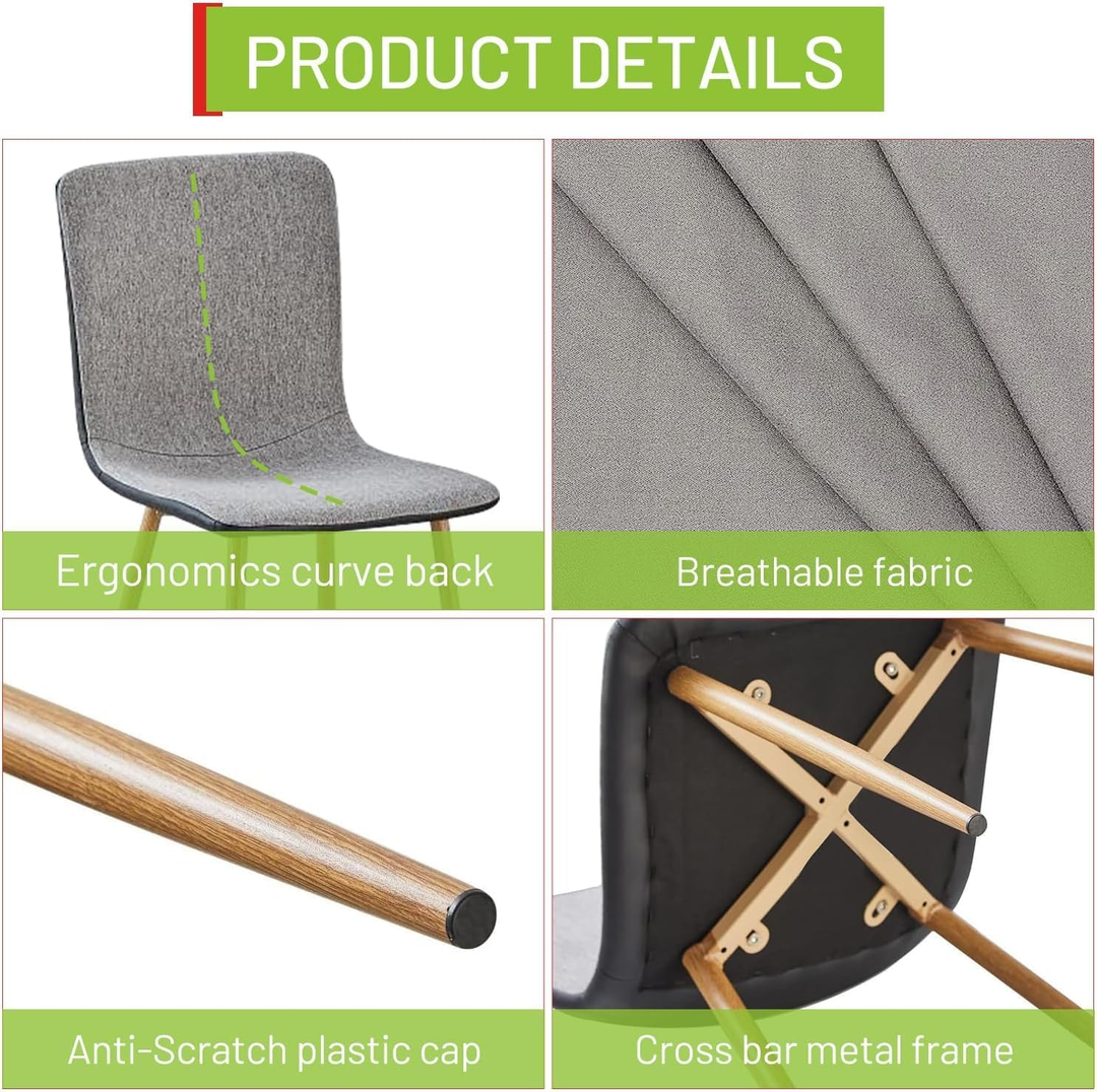 FurnitureR Dining Chairs Set of 4, Fabric Cushion Side Chairs Mid-Back with PU Back and Oak Metal Legs for Kitchen, Dining Room,  Grey/Black