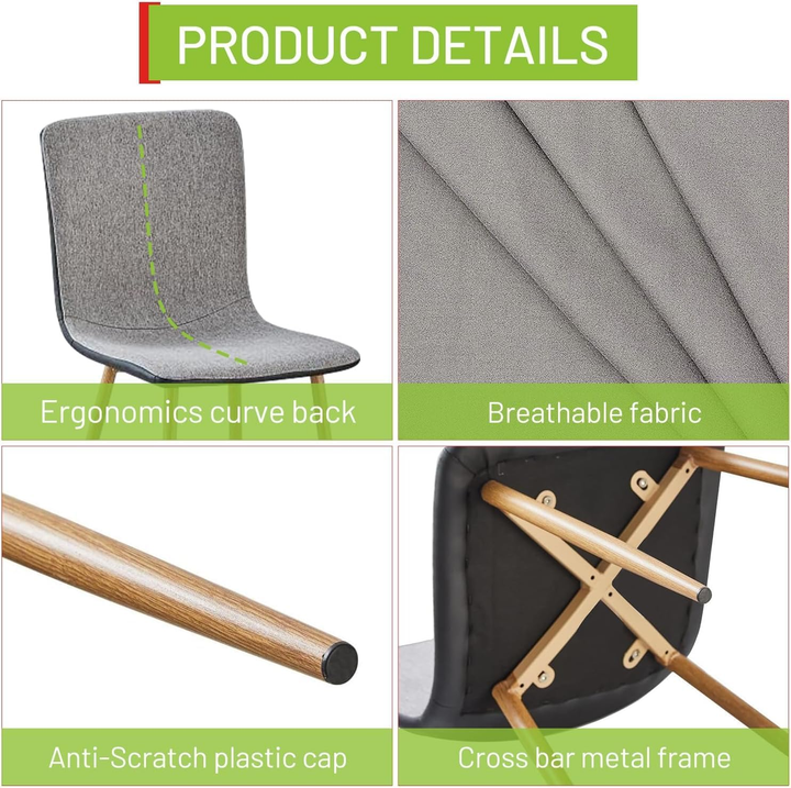 FurnitureR Dining Chairs Set of 4, Fabric Cushion Side Chairs Mid-Back with PU Back and Oak Metal Legs for Kitchen, Dining Room,  Grey/Black