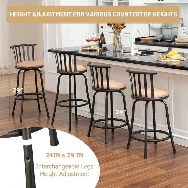 FurnitureR Bar Stools Swivel Set of 3, Adjustable Counter Height Low Back for Kitchen Island Bar Height with Interchangeable Legs, 24/29 Inch, Brown
