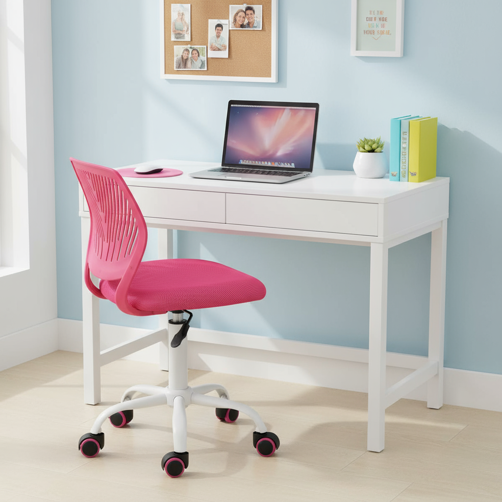 Chaise de bureau FurnitureR sans accoudoirs, mignonne, ergonomique, pivotante, réglable, à roulettes, légère, rose vif