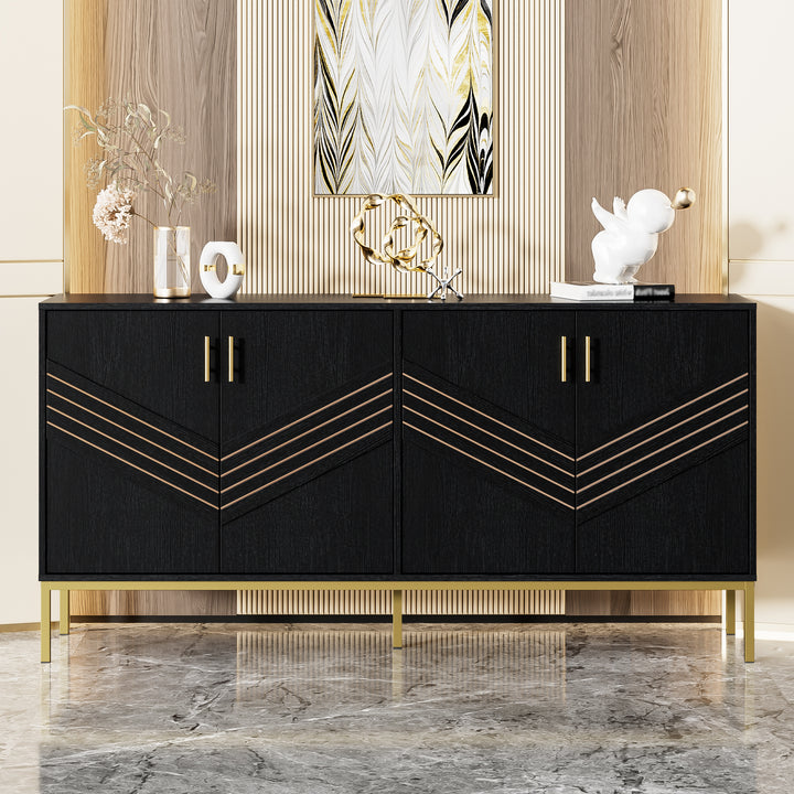 FurnitureR Buffet noir MDF avec des détails dorés, Design moderne, Rangement spacieux, Matériaux durables, Conçu pour le salon, Élégant et fonctionnel