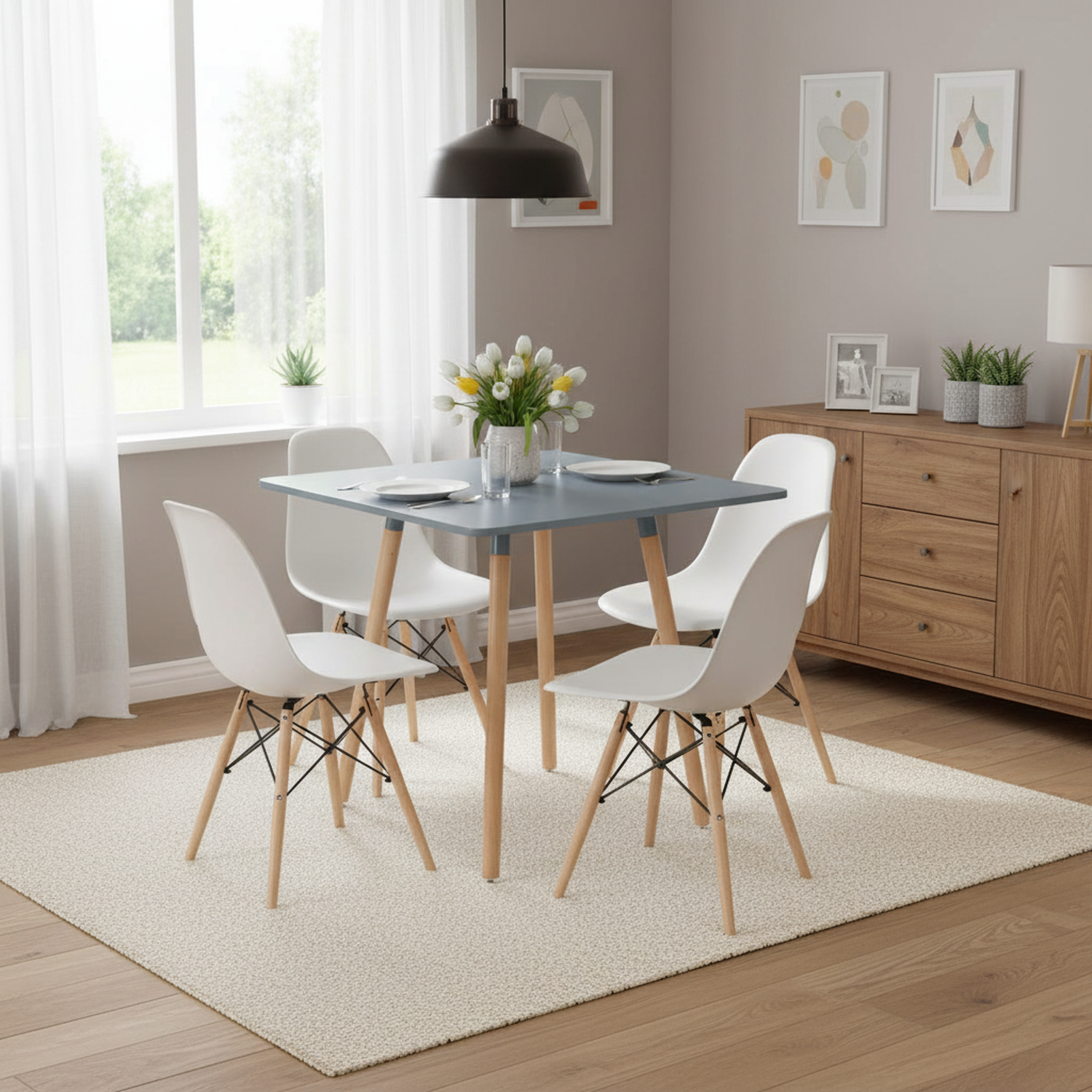 Table de salle à manger carrée FurnitureR de 80 cm (31,5 pouces), style moderne mid-century, pieds en bois, petite table de cuisine pour 2 à 4 personnes, gris et bois naturel