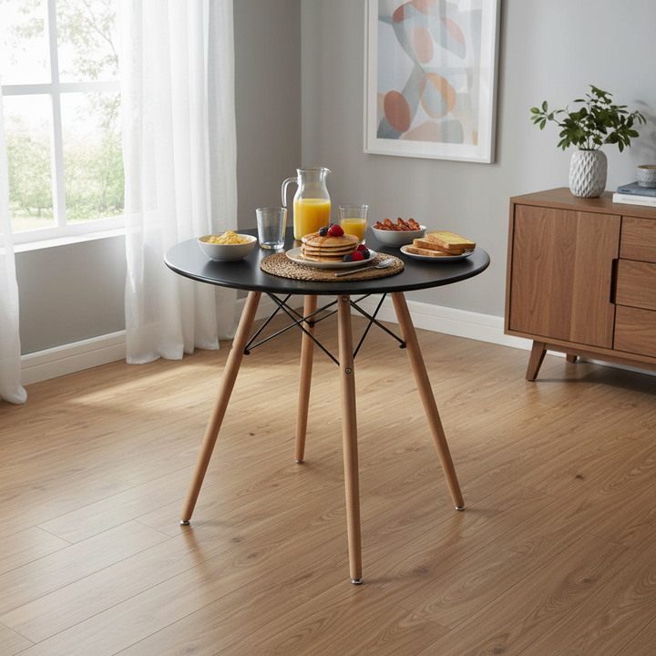 Runder Esstisch von FurnitureR, 80 cm Durchmesser, für 2-4 Personen, stilvoller runder Tisch mit Holzbeinen für Küche, Café und Aufenthaltsraum, Schwarz