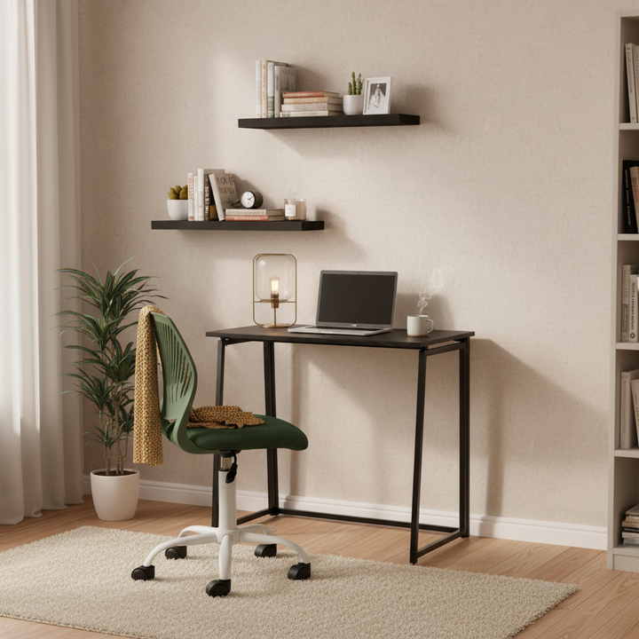 Ensemble bureau pliant 3 pièces FurnitureR avec chaise pivotante réglable et 2 étagères murales flottantes, combinaison bureau/espace de travail gain de place, design moderne