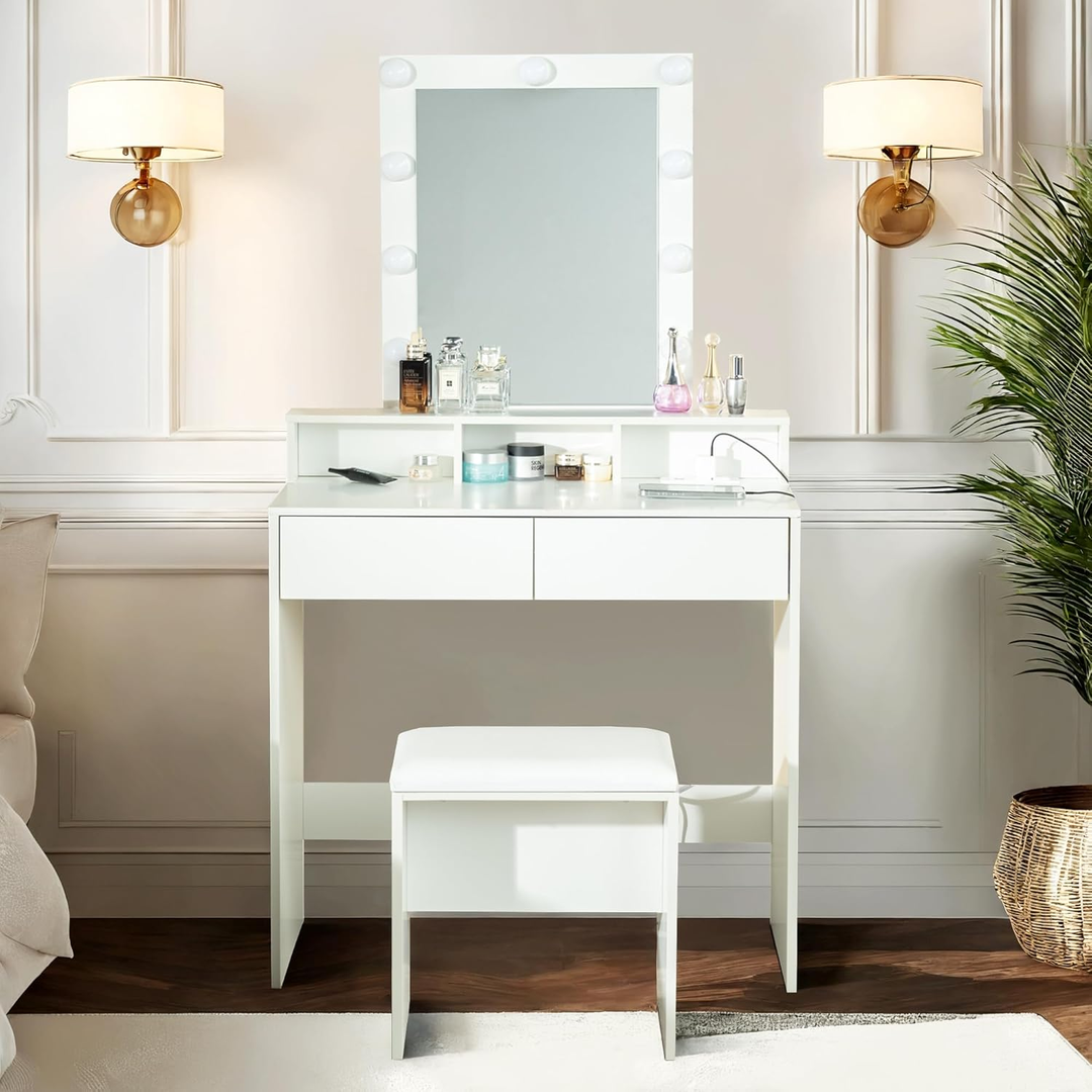 Ensemble coiffeuse FurnitureR, coiffeuse avec miroir et éclairage, ensemble table et tabouret de maquillage, coiffeuse en bois avec 2 tiroirs, blanc