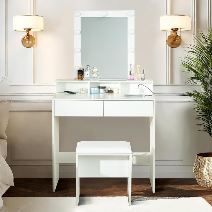 Ensemble coiffeuse FurnitureR, coiffeuse avec miroir et éclairage, ensemble table et tabouret de maquillage, coiffeuse en bois avec 2 tiroirs, blanc