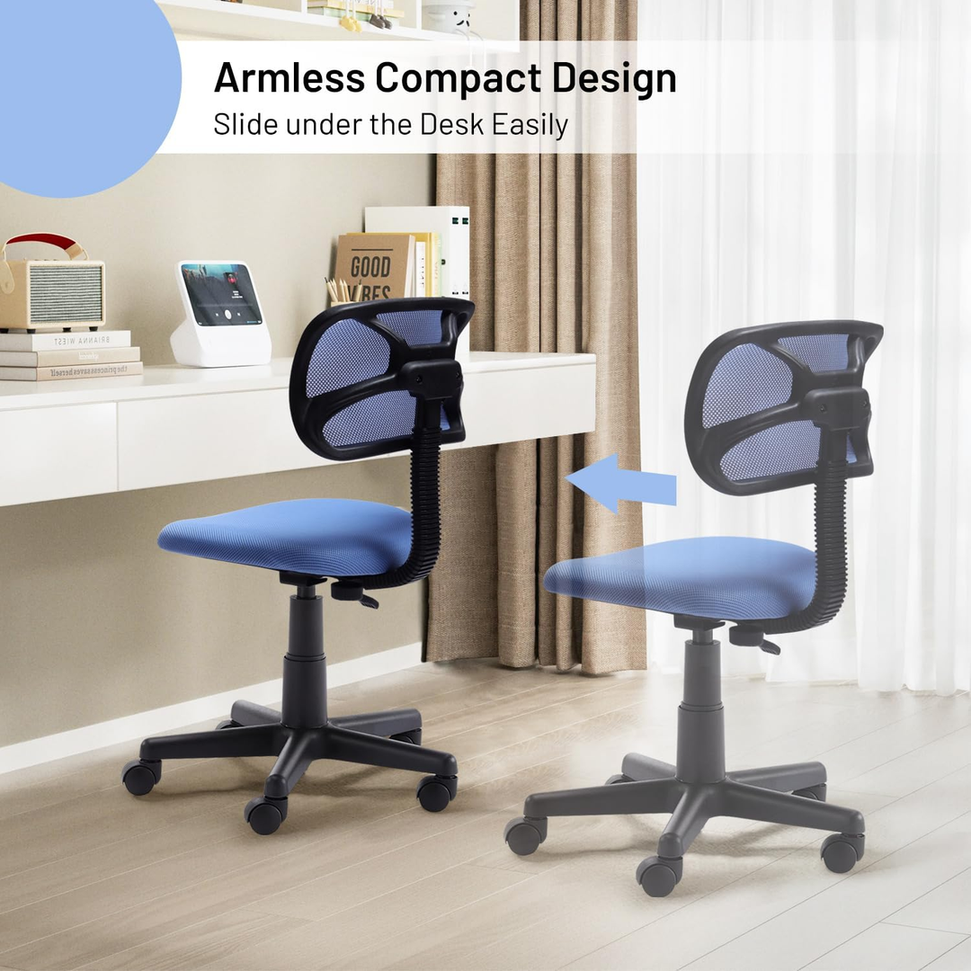 Chaise de bureau FurnituureR à dossier bas, chaise de travail ergonomique sans accoudoirs en maille, pivotante et réglable en hauteur, idéale pour le bureau à domicile ou la chambre, bleue.