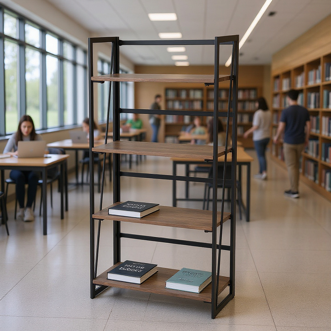 FurnitureR Folding 4-Tier Bookshelf Storage Rack, Metal Bookcase with Rustic Wood Shelves,  Foldable Home Organizer for Living Room, Office, Brown