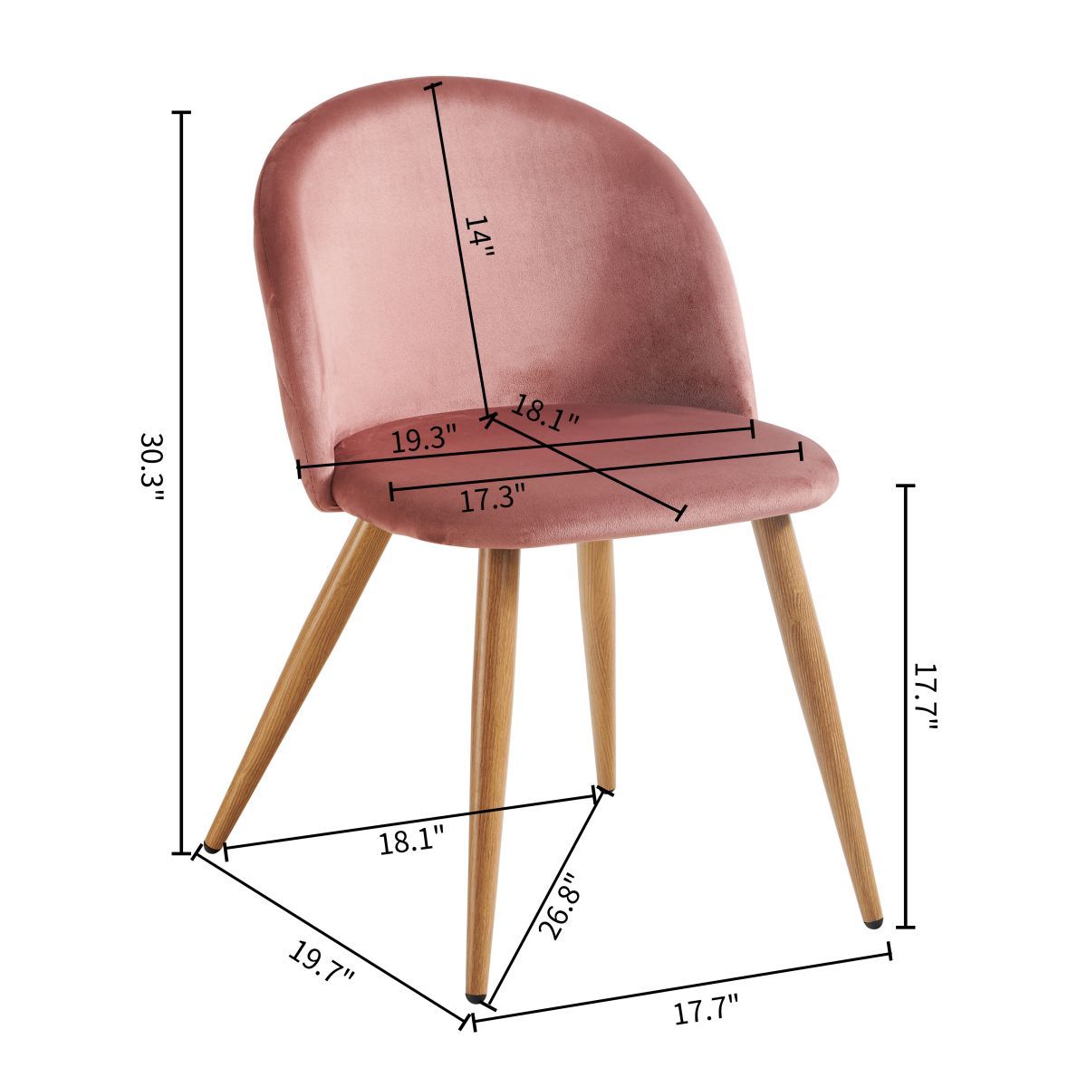 Ensemble de 2 chaises de salle à manger rembourrées FurnitureR, dossier mi-haut, sans accoudoirs, en velours avec pieds en bois, pour la maison, la cuisine, la chambre et le salon, rose 