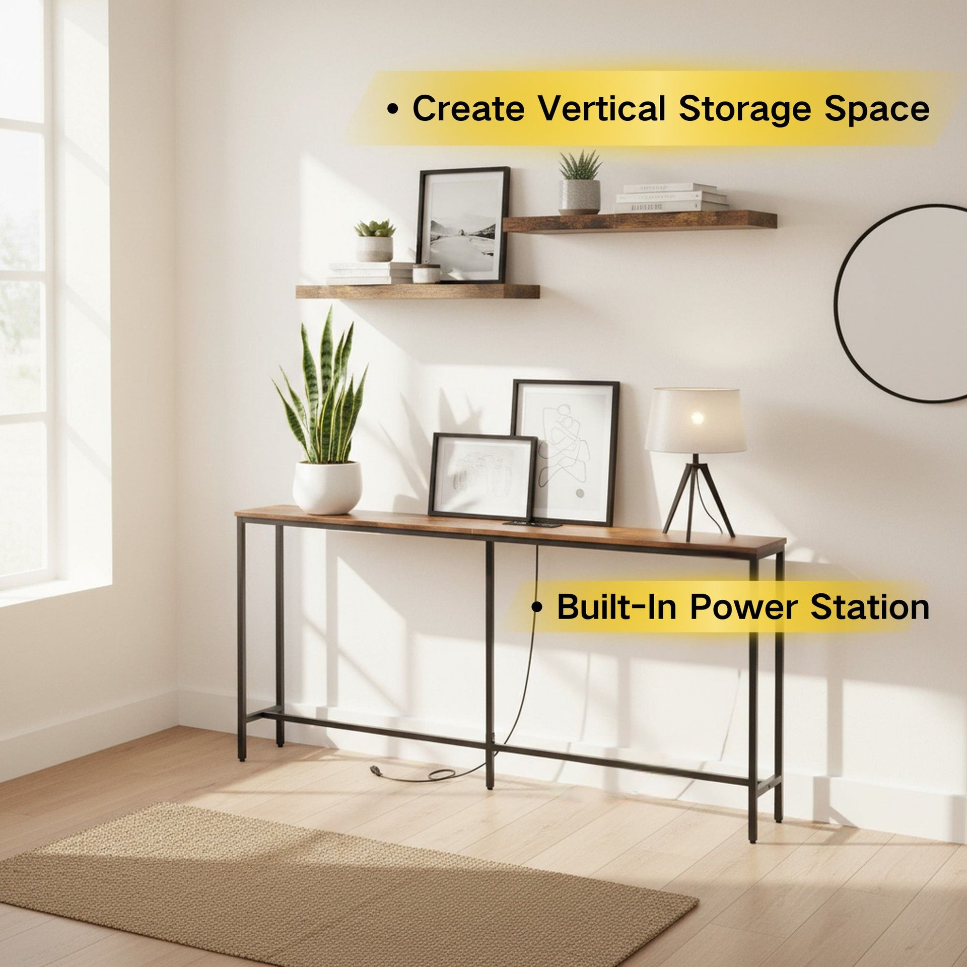 Console d'entrée FurnitureR 71 po avec 2 étagères murales flottantes, ensemble de table étroite de style industriel avec prise de courant pour salon, entrée