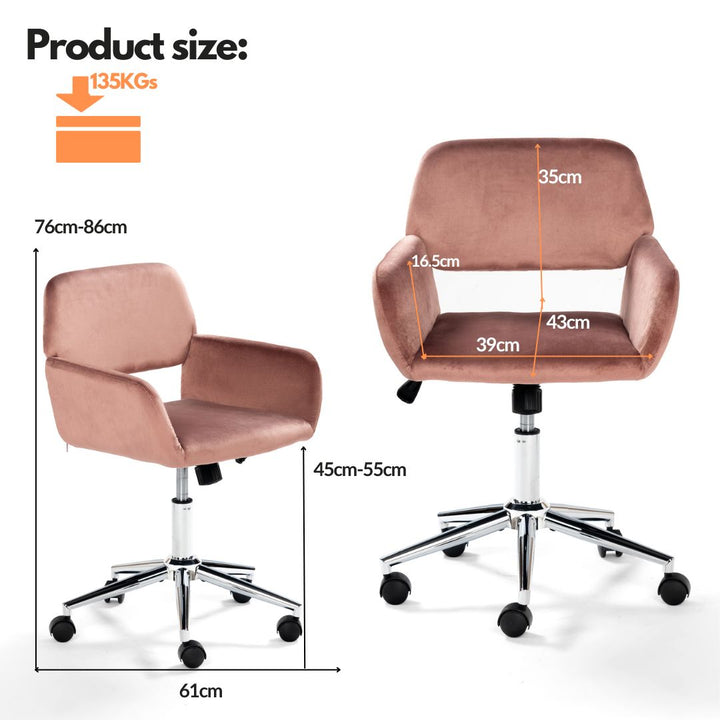 Chaise de bureau FurnitureR, dossier mi-haut en velours avec roulettes, chaise de travail réglable pour salon, chambre, bureau, rose