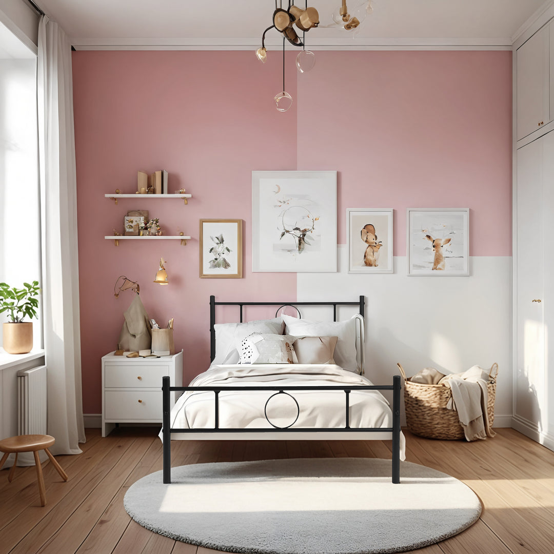 FurnitureR Metallbettgestell (Einzelbettgröße) mit Kopf- und Fußteil – inklusive Stauraum unter dem Lattenrost, kein Boxspringbett erforderlich, Schwarz