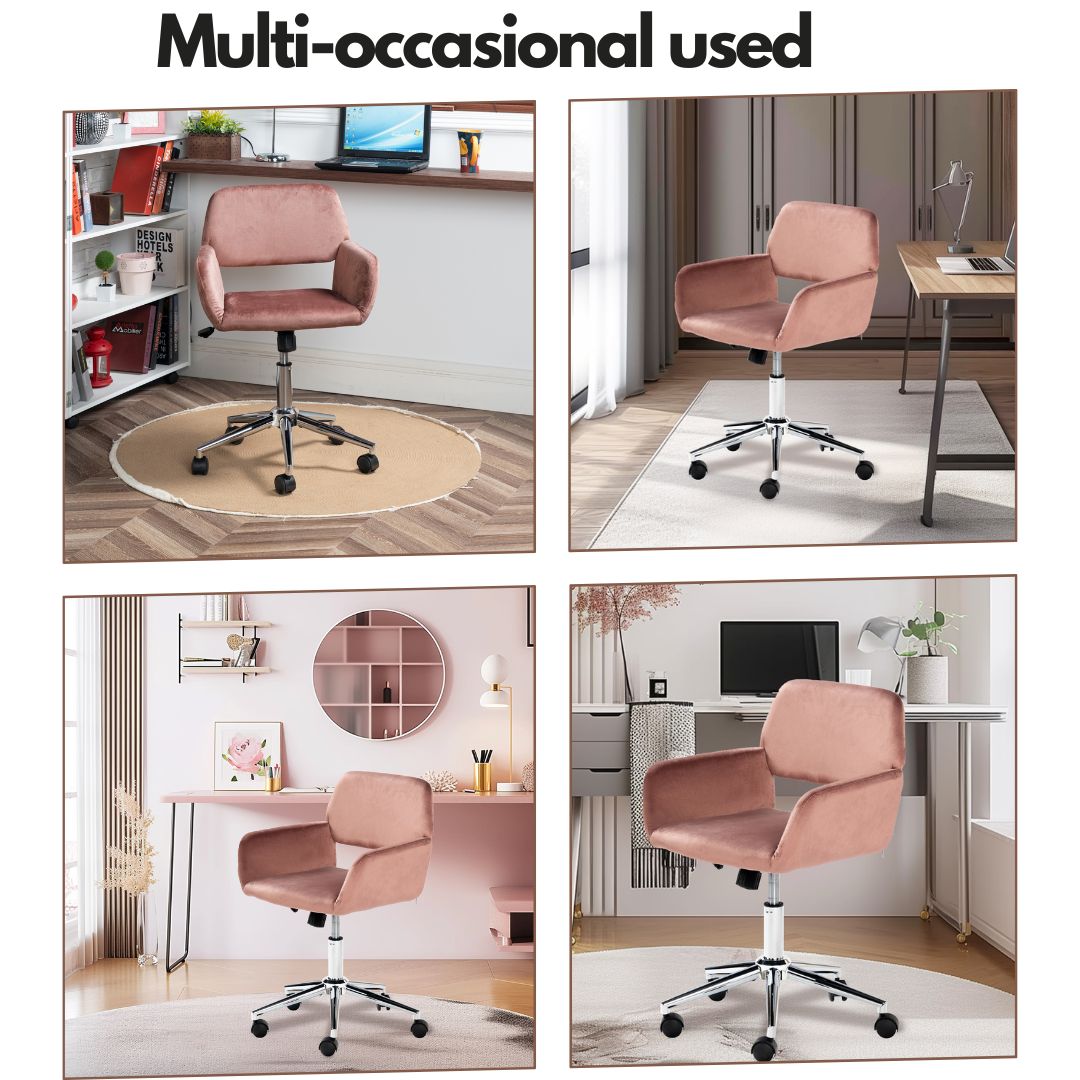 Chaise de bureau FurnitureR, dossier mi-haut en velours avec roulettes, chaise de travail réglable pour salon, chambre, bureau, rose