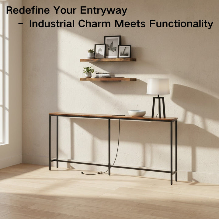 Console d'entrée FurnitureR 71 po avec 2 étagères murales flottantes, ensemble de table étroite de style industriel avec prise de courant pour salon, entrée