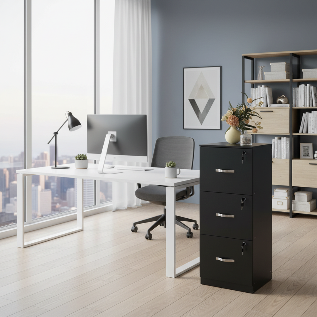 FurnitureR 3 Drawer File Cabinet with Lock, Vertical Office Filing Cabinet for Letter/Legal Size, Storage Organizer, Black