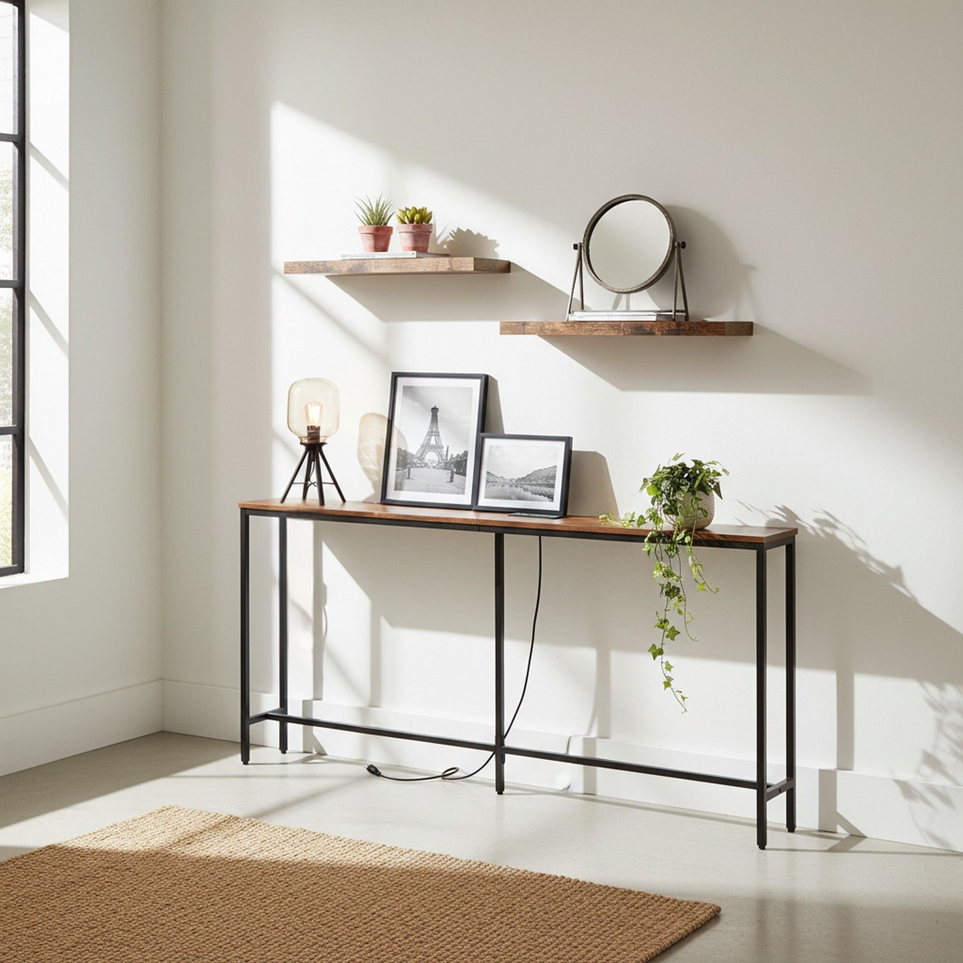 Console d'entrée FurnitureR 71 po avec 2 étagères murales flottantes, ensemble de table étroite de style industriel avec prise de courant pour salon, entrée