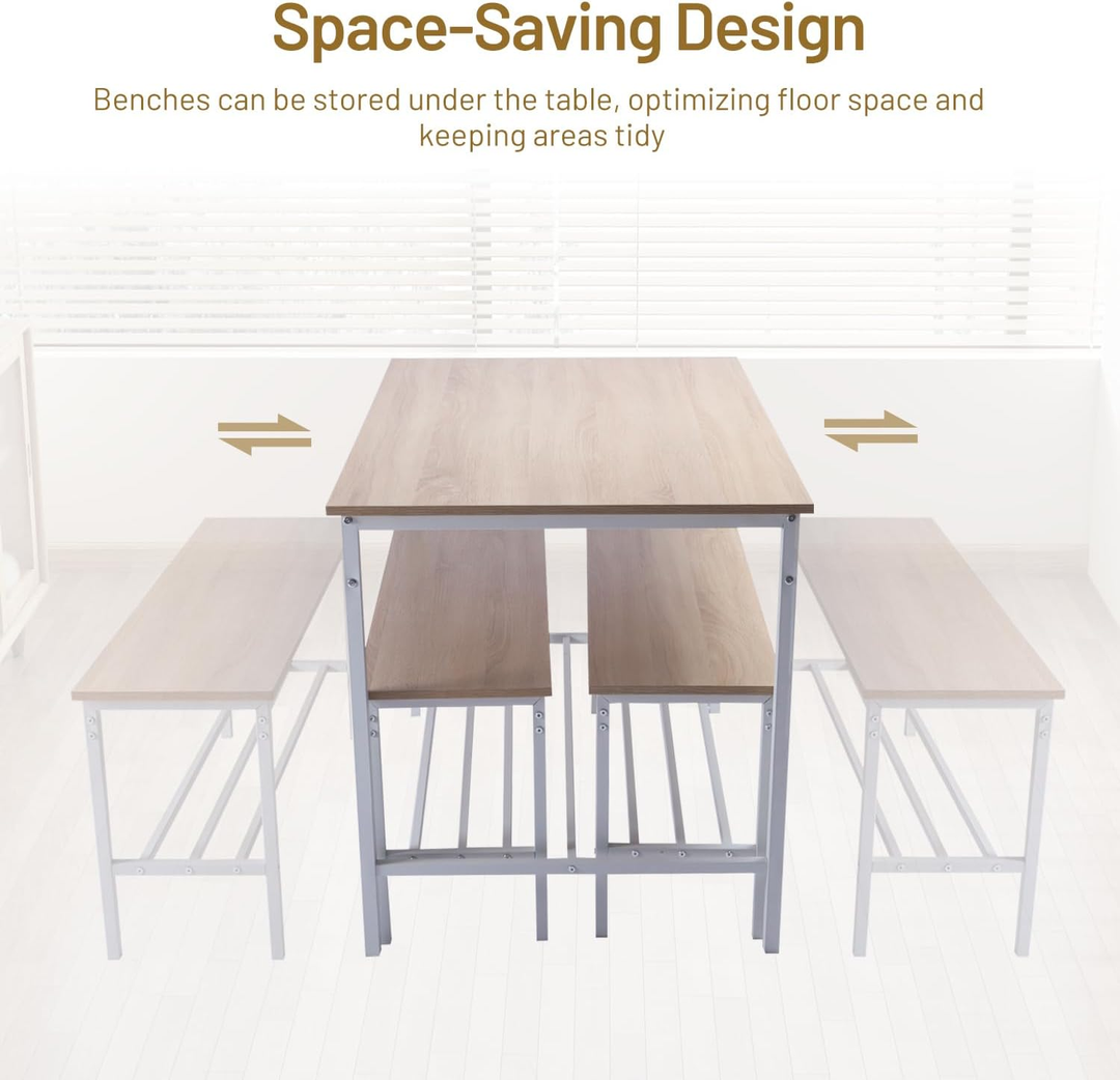 FurnitureR Essgruppe, 3-teilig mit Ablagefächern, Metallgestell und MDF-Platte, Essbereich für Küche, Esszimmer, Restaurant, Eiche