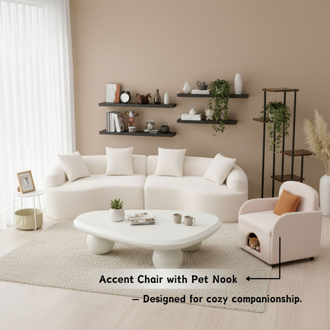 Fauteuil d'appoint FurnitureR moderne en peau de mouton retournée crème avec panier pour chat dissimulé, fauteuil lounge rembourré pour animaux de compagnie avec coussin marron chaud