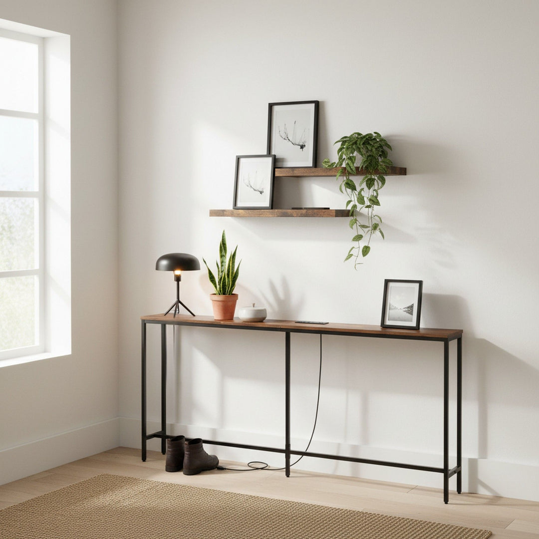 Console d'entrée FurnitureR 71 po avec 2 étagères murales flottantes, ensemble de table étroite de style industriel avec prise de courant pour salon, entrée
