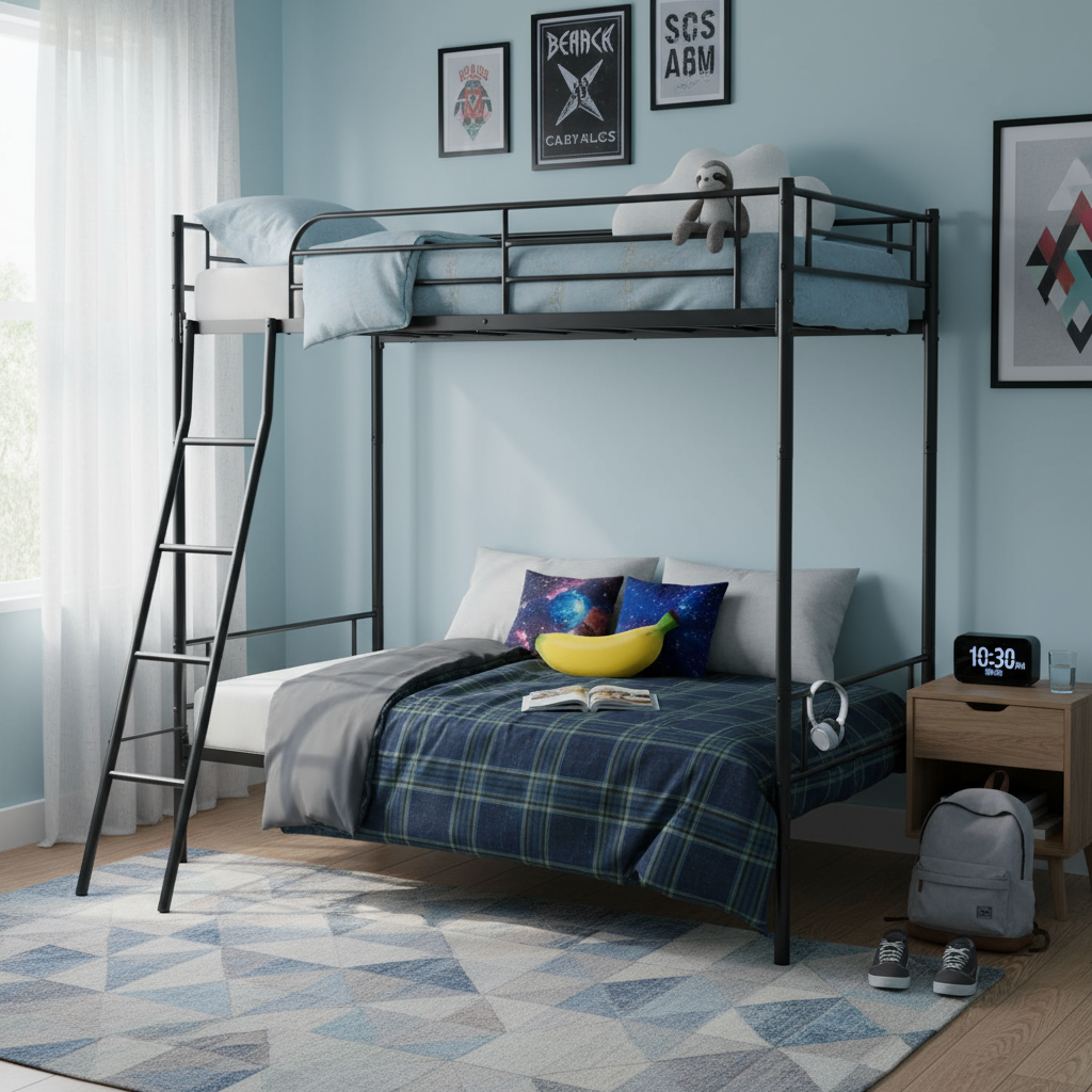 1-Lit Superposé Noir, modernes Design, Material und robustes Metall, häusliche Nutzung, Komfort und Raumgewinn