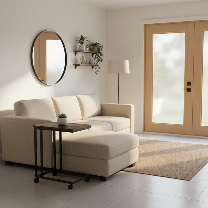 FurnitureR Beistelltisch C-förmig, Snacktisch mit Rollen für Sofa, Couch und Bett, tragbar, einfache Montage, Metallgestell, rustikales Braun