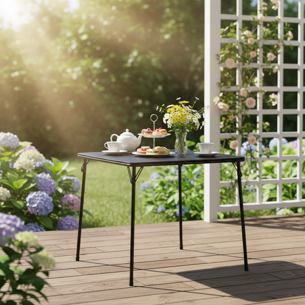 FurnitureR 5-Piece Folding Table and Chair Set for 4, Space-Saving Square Card Table with Stools, Ideal for Small Spaces, Home, Patio, Black