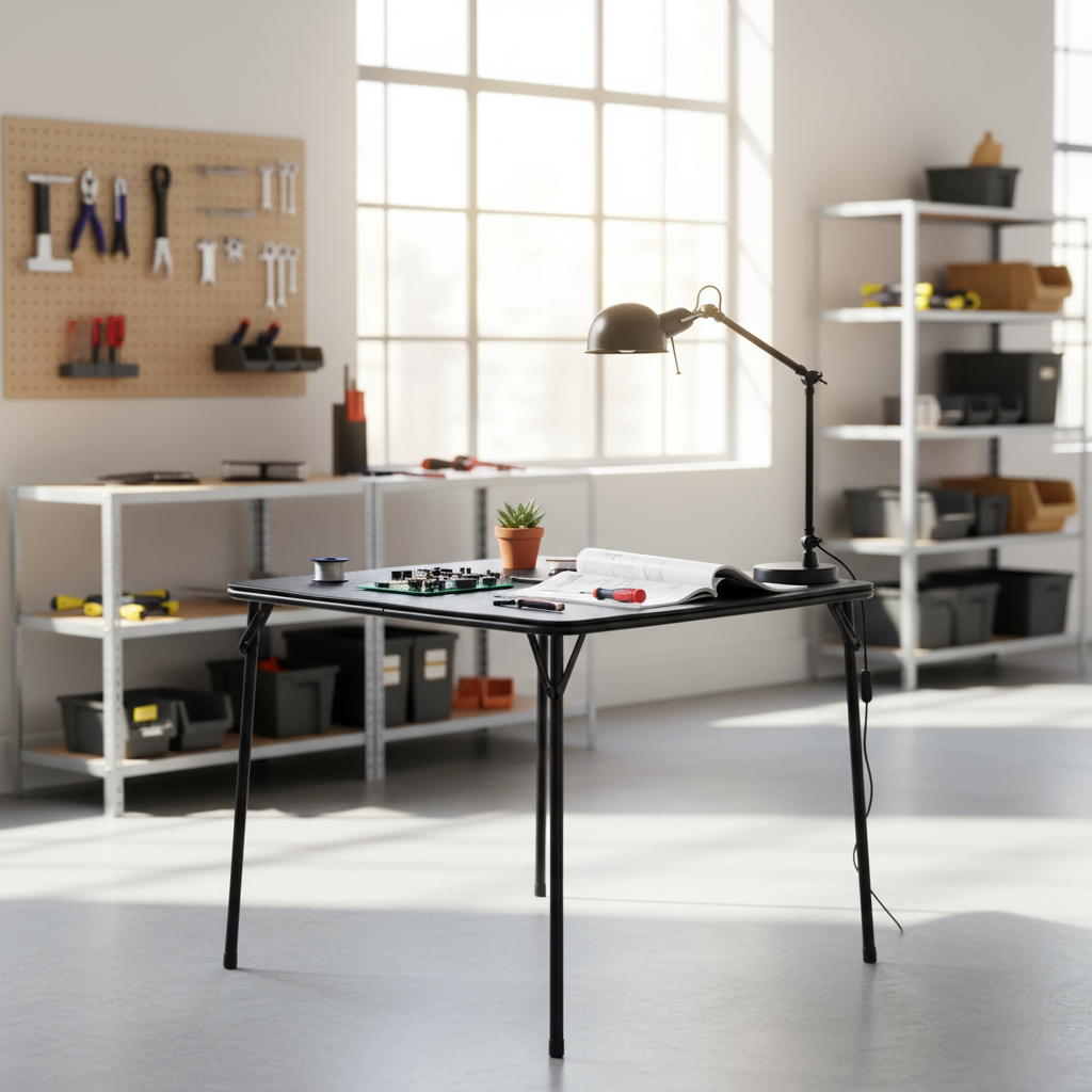 FurnitureR 2-Piece Folding Table and Chair Set for 1, Space-Saving Square Card Table with Single Stool, Ideal for Small Spaces, Home, Patio, Black