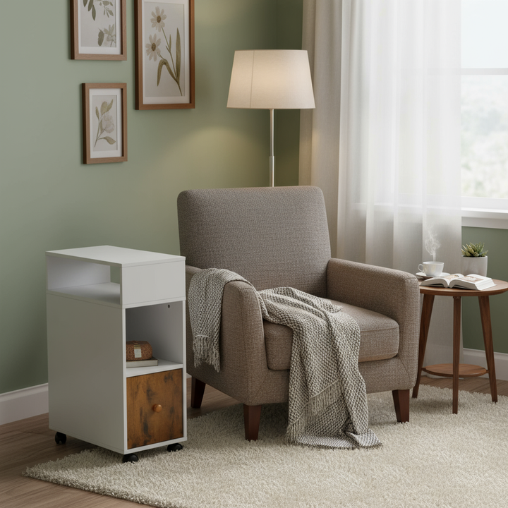 Classeur mobile FurnitureR, classeur vertical à roulettes avec tiroir et étagères de rangement double face, organiseur de dossiers en bois blanc/marron