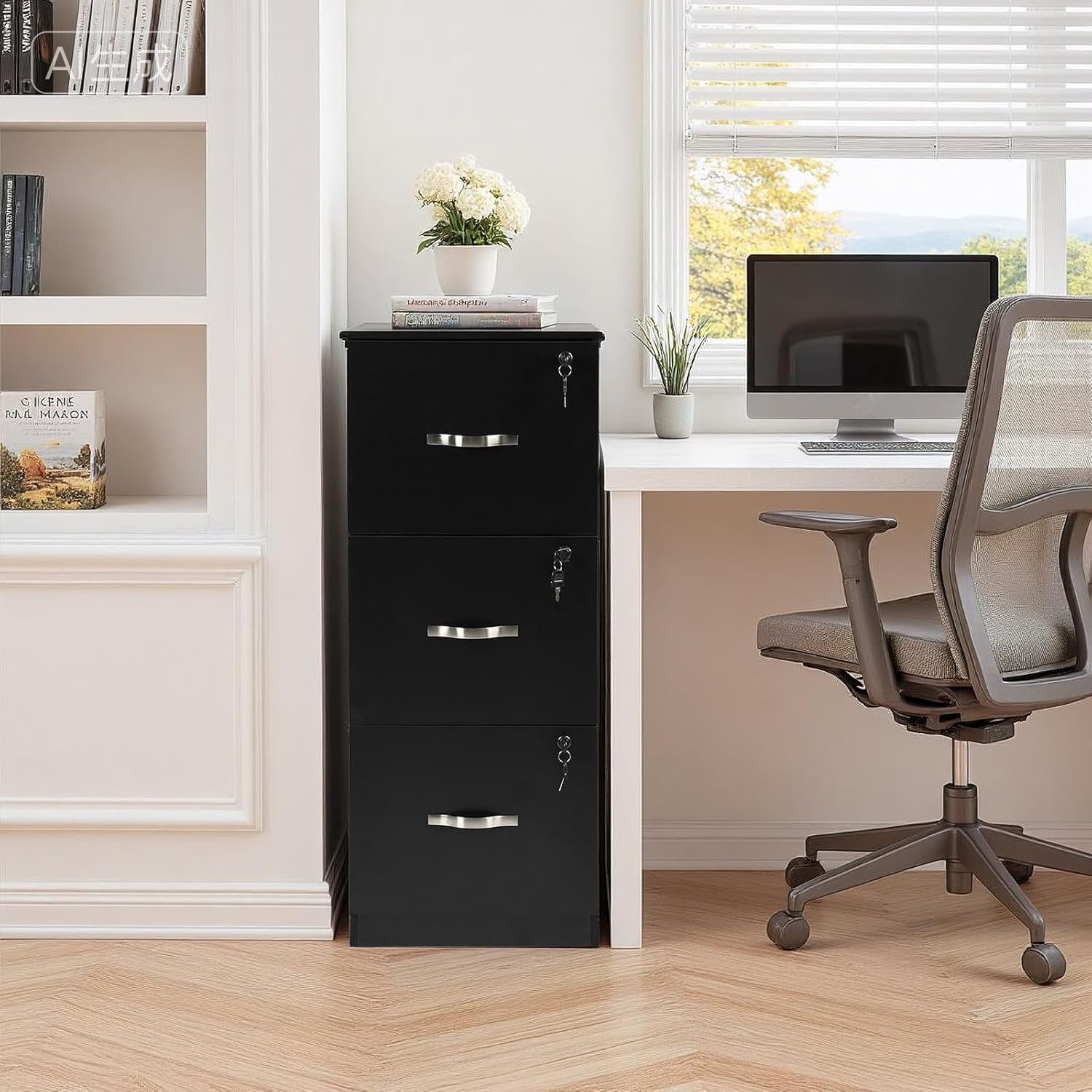 Classeur vertical à 3 tiroirs FurnitureR avec serrure, format lettre/légal, rangement intégré, noir