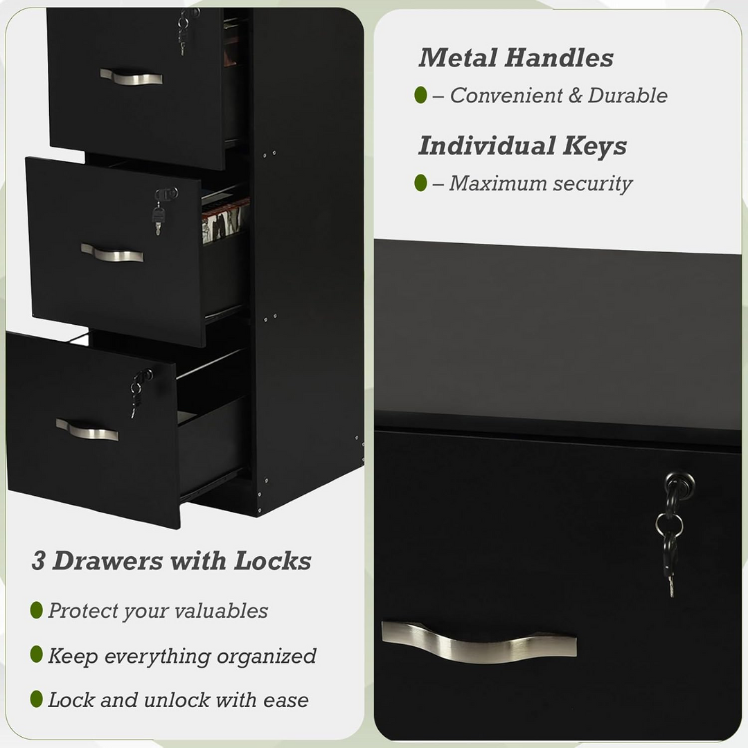 FurnitureR 3 Drawer File Cabinet with Lock, Vertical Office Filing Cabinet for Letter/Legal Size, Storage Organizer, Black