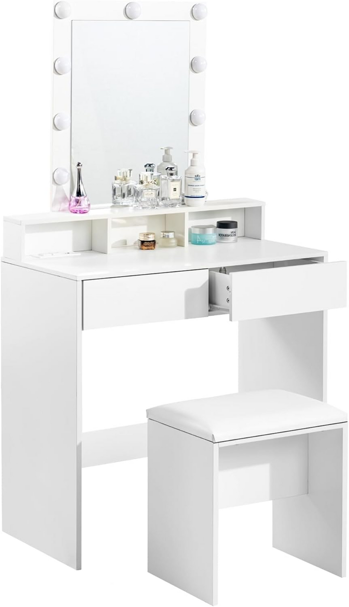 Ensemble coiffeuse FurnitureR, coiffeuse avec miroir et éclairage, ensemble table et tabouret de maquillage, coiffeuse en bois avec 2 tiroirs, blanc
