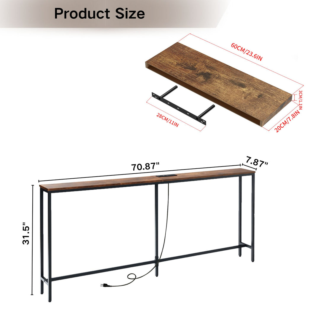 Console d'entrée FurnitureR 71 po avec 2 étagères murales flottantes, ensemble de table étroite de style industriel avec prise de courant pour salon, entrée