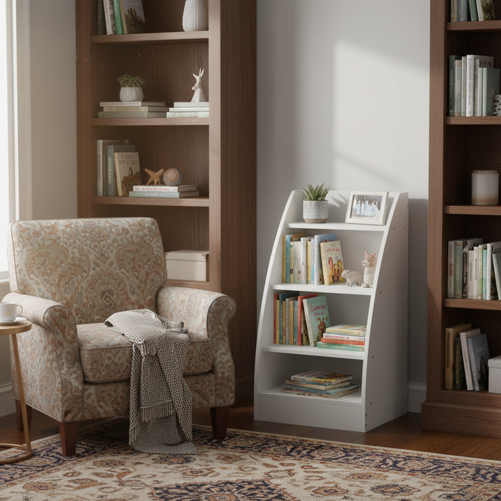 FurnitureR Bücherregal mit 4 offenen Ablagen, kleines Bücherregal aus Holz, Aufbewahrungsorganizer für Spielzimmer, Schlafzimmer, Wohnzimmer