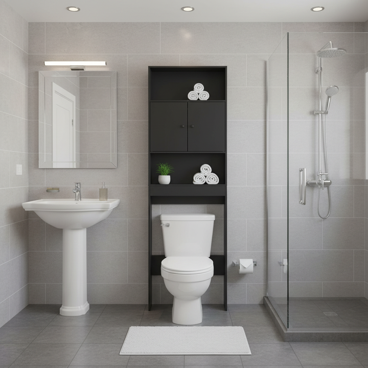 Meuble de rangement FurnitureR à poser au-dessus des toilettes, étagère de salle de bain à 3 niveaux avec double porte et espace de rangement ouvert, étagère autoportante, hauteur 194 cm (76,38 po).