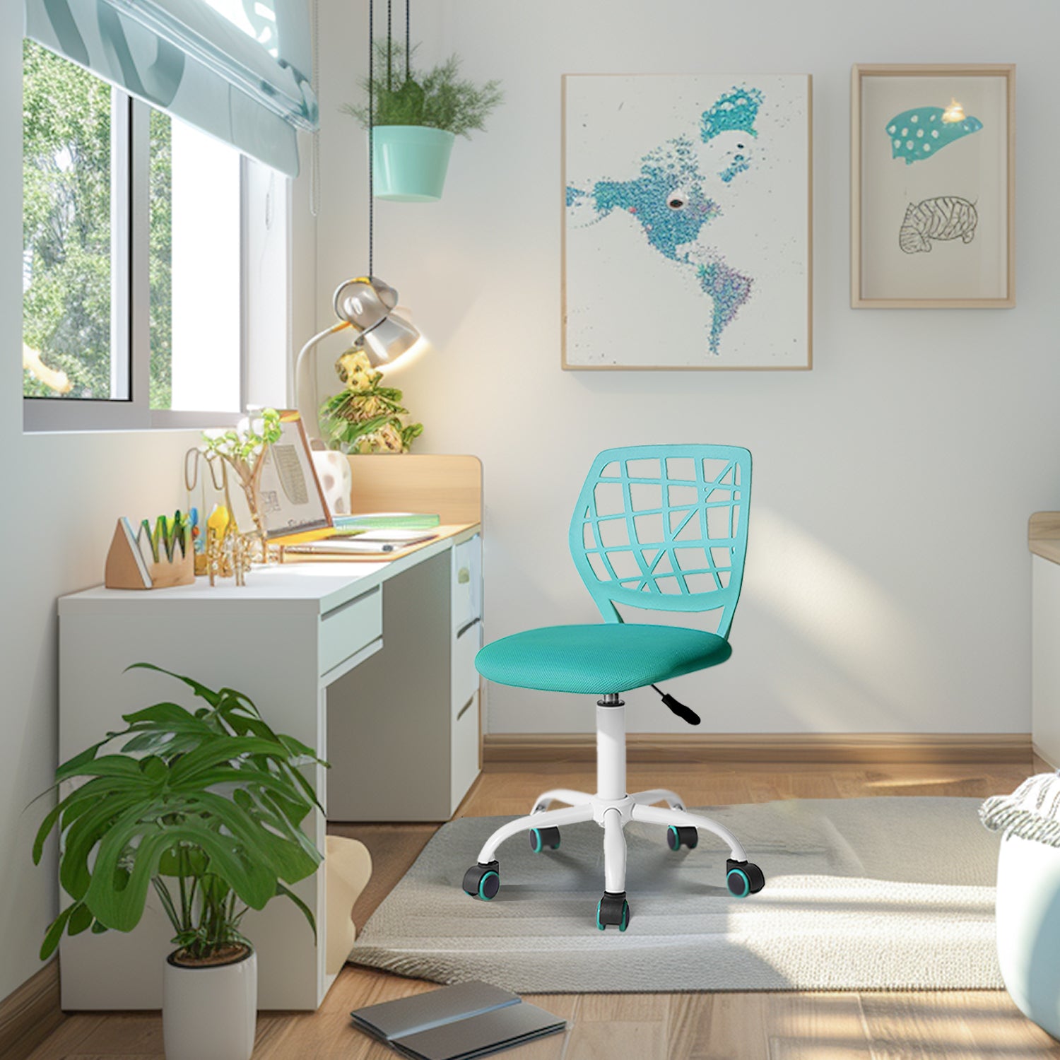 Chaise de bureau FurnitureR, chaise de travail réglable pour ordinateur, avec dossier en plastique et assise rembourrée, pivotante et à roulettes, verte.