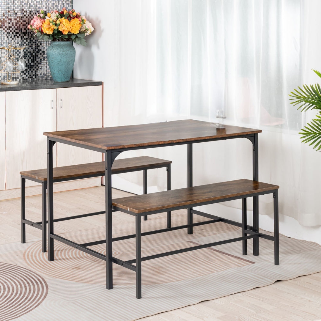Ensemble table et bancs 3 pièces FurnitureR pour 4 personnes, style campagnard, marron.